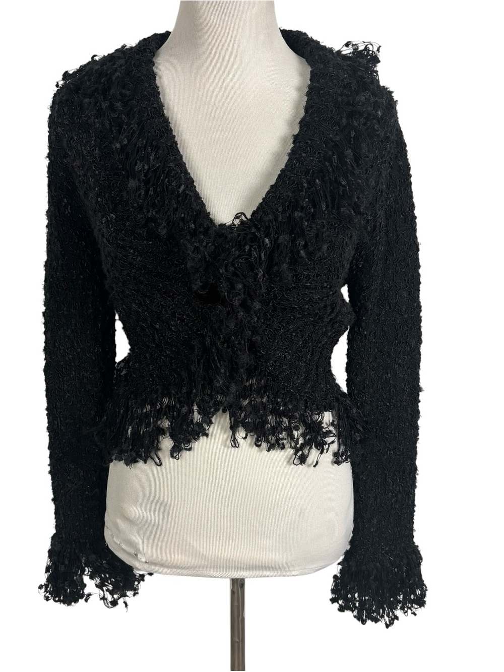 Mapsi Y2K VTG Black Crop Cardigan Shaggy Fringe Whimsigoth Witchy Goth Quirky S